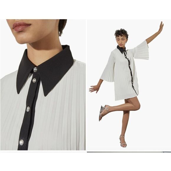 Ming Wang Dresses & Skirts - NEW Ming Wang Mini Pleated Shift Dress Contrast Trim Crepe de Chine White Medium